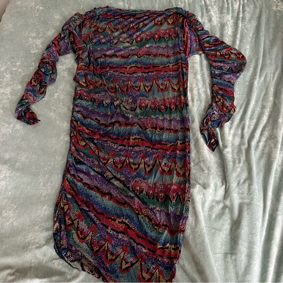 MISSONI 80S MULTICOLOR SILK JERSEY RUCHED SLEEVE DRESS - Picture 4 of 7